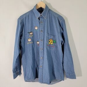 VTG THREE RIVERS Grandma Cartoon Denim Button Down Long Sleeve Top Sz Small Face